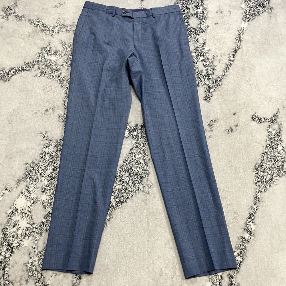 Ted Baker Italian Fabric Wool Dress Pants Mens Size 35L Blue Plaid Tailored